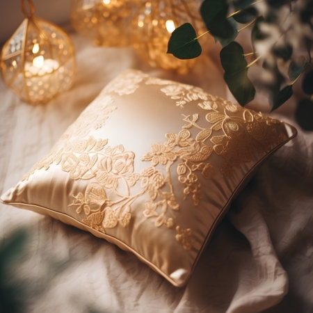 Pillow and Christmas decorations on the bed. Selective focus.の素材