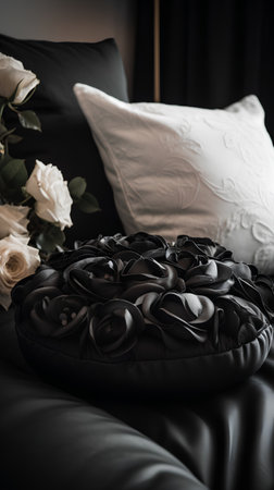 Black pillow with black and white roses on a sofa in the living roomの素材