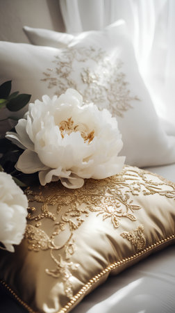 Beautiful white peony flowers on a bed. Selective focus.の素材