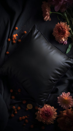 Black pillow and bouquet of autumn flowers on black background, top viewの素材