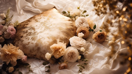 Decorative pillow on the bed with flowers. Vintage style toned pictureの素材