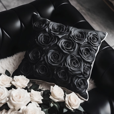Black pillow on a black leather sofa with a bouquet of white rosesの素材