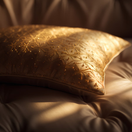 Golden pillows on the bed in the morning. Selective focus.の素材
