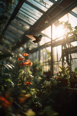 Hummingbird flying over flowers in a greenhouse, low angle viewの素材