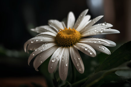 Beautiful daisy flower with water drops on petals and green leavesの素材