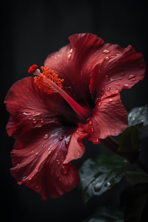 Red hibiscus flower with water drops on black background.の素材