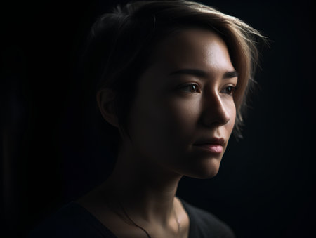 Portrait of a beautiful girl in the studio on a black backgroundの素材