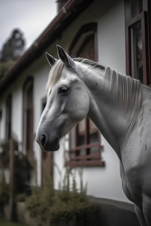 Portrait of a white horse on the background of a house.の素材