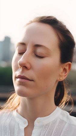 Portrait of a beautiful young woman with closed eyes on a city backgroundの素材