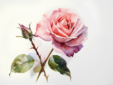 Beautiful watercolor rose on white background. Hand drawn illustration.の素材