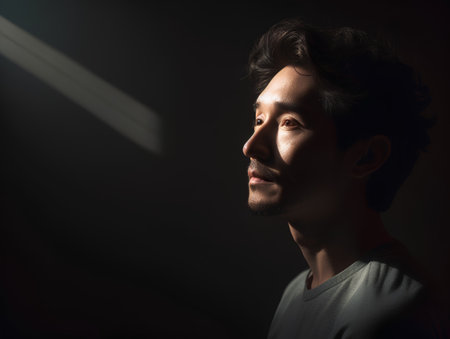 Portrait of a handsome young man on a dark background, looking awayの素材