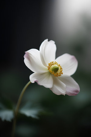 White anemone flower on black background, shallow depth of fieldの素材