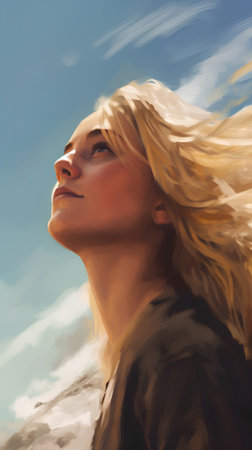Portrait of a beautiful blonde woman with long hair in the skyの素材
