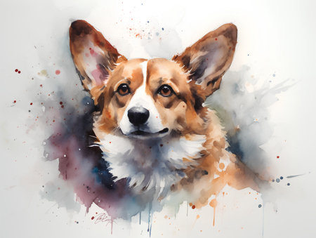 Corgi dog portrait. Digital watercolor painting on white backgroundの素材