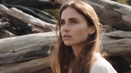 Portrait of a beautiful girl with long hair on the background of an old logの素材