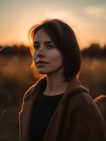 Portrait of a beautiful young woman in a field at sunset.の素材