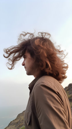 Portrait of a young man with long curly hair in the mountainsの素材