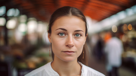 Portrait of a beautiful young woman with blue eyes in a cafeの素材