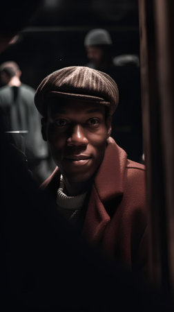Portrait of a young african american man wearing a hat and coatの素材