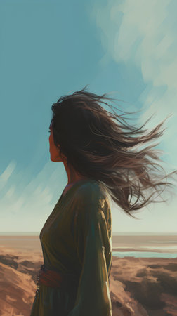 Young woman with flying hair on the beach. Conceptual illustration.の素材