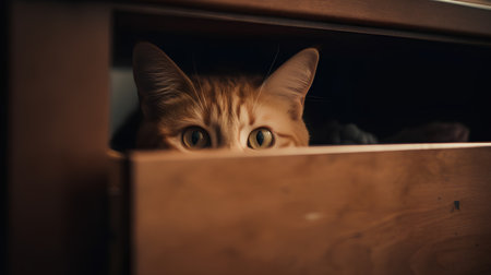 Cute ginger cat peeking out of the chest of drawersの素材