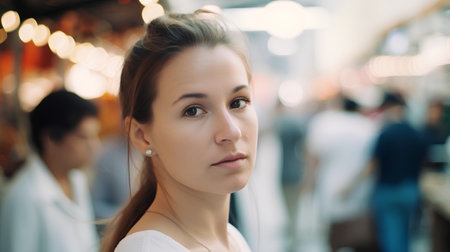 Portrait of a young woman in a shopping center. Blurred background.の素材