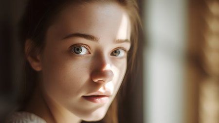 Portrait of a young beautiful girl with freckles on her faceの素材