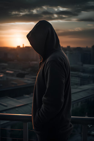 Young man in a hooded sweatshirt on the balcony at sunset.の素材