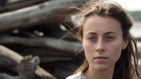 Portrait of a beautiful girl on the background of the river.の素材