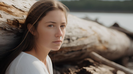 Portrait of a girl in a white T-shirt on the background of a fallen treeの素材