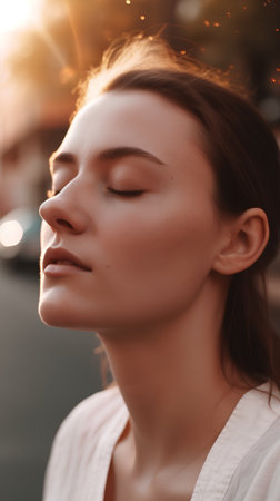 Portrait of a beautiful young woman with closed eyes on the streetの素材