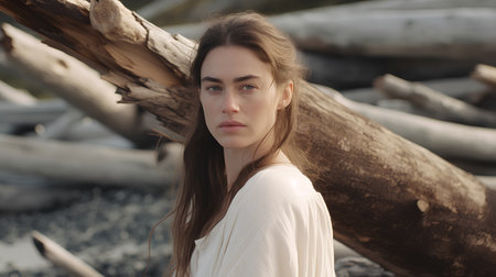 Portrait of a beautiful girl with long hair in a white dress on a background of fallen treesの素材
