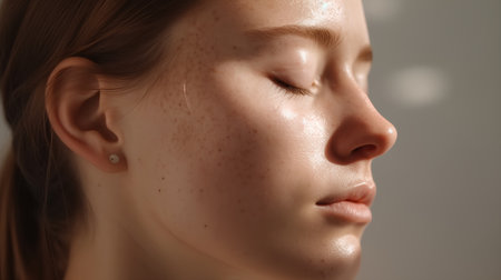 Closeup portrait of a beautiful young woman with freckles on her faceの素材