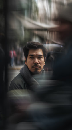 Portrait of an Asian man in a city. Shallow depth of field.の素材