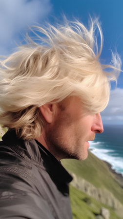 Profile portrait of a young man with blond hair looking at the seaの素材