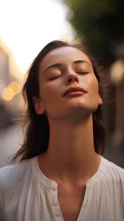 Beautiful young woman with closed eyes on a city street at sunsetの素材