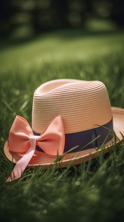 Summer straw hat on green grass background. Retro style toned imageの素材