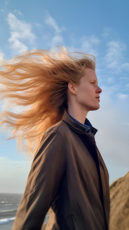 Portrait of a young beautiful woman with flying hair on the beachの素材