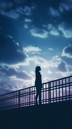 Silhouette of a woman standing on the bridge over the riverの素材