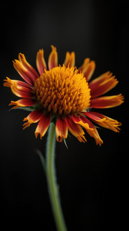 Close up of a red and yellow flower on a black background.の素材