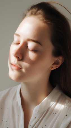 Beautiful young woman with freckles on her face and eyes closedの素材