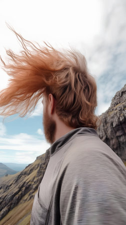 Young man with flying hair in the mountains. Lifestyle concept.の素材