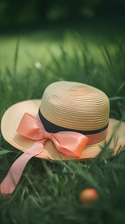 Summer straw hat with pink ribbon on green grass in the garden.の素材