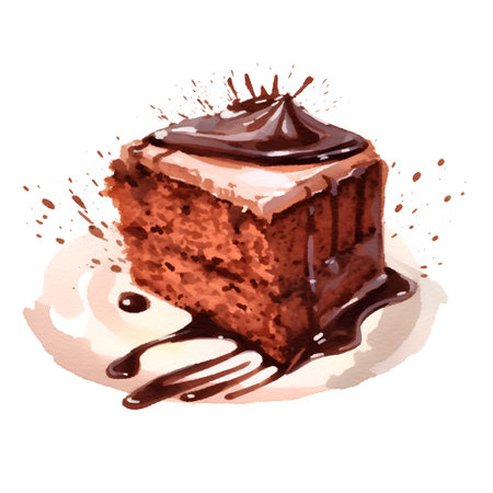 Watercolor illustration of a piece of cake with chocolate cream. Vector illustration.の素材