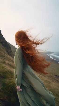 Red-haired girl with long hair in a green dress on the dunesの素材