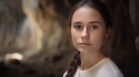 Portrait of a beautiful young woman in a cave. Shallow depth of field.の素材