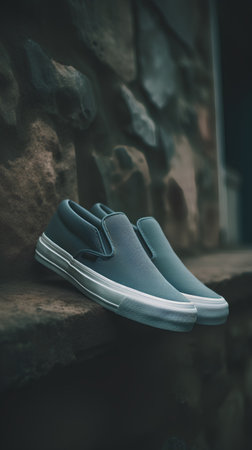 Men's shoes on a stone background. Selective focus. Shallow depth of field. Toned.の素材