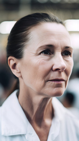 Portrait of mature woman in white shirt looking away at industrial factoryの素材