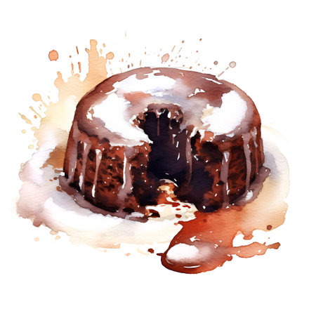 Watercolor illustration of a chocolate bundt cake with chocolate glaze.の素材