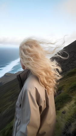 Beautiful blonde woman with long curly hair looking at the sea in Icelandの素材